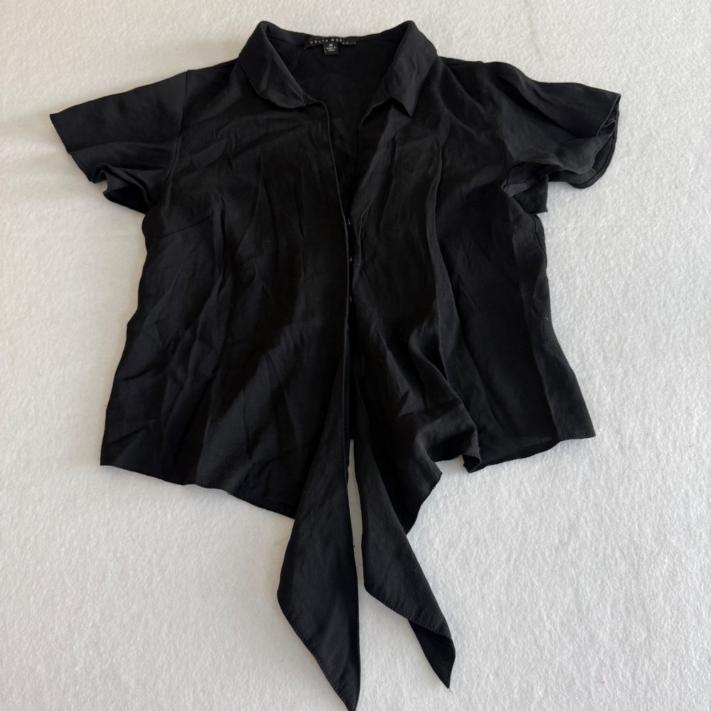 Haute Monde Front Tie Button Down Top Womens Medium Black